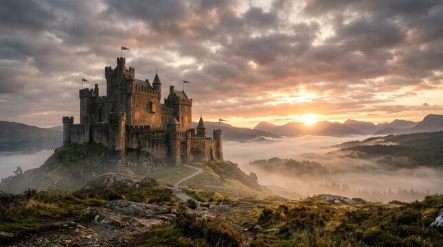 A majestic castle dominates a rocky hilltop, silhouetted against a dramatic, cloudy sky during sunrise.