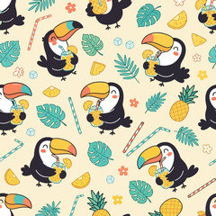 Fototapeta premium Toucan birds drinking tropical cocktails seamless pattern.