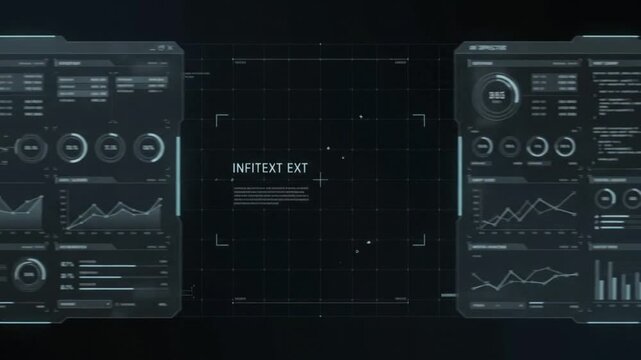 Futuristic sci-fi holographic user interface control panels with data analytics charts and graphs on a dark background