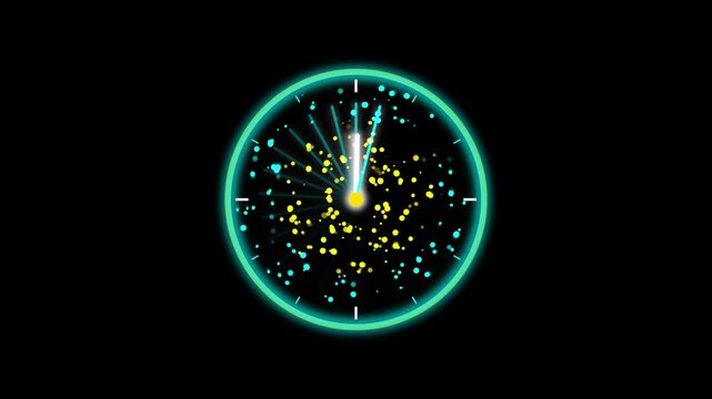 Futuristic new year countdown clock with glowing particle explosion, digital midnight timer element, festive event background animation