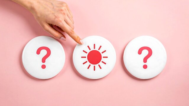 Question marks surrounding a sun symbol with hand making a choice on pink background for decision and solution concept