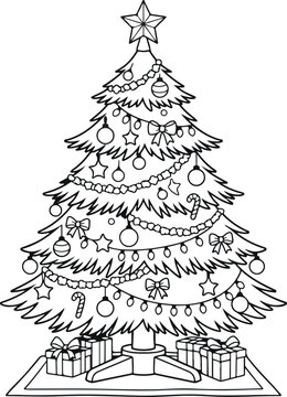 Christmas tree with star, garland, ornaments, and bows, standing on a base with gift boxes, black and white line art illustration