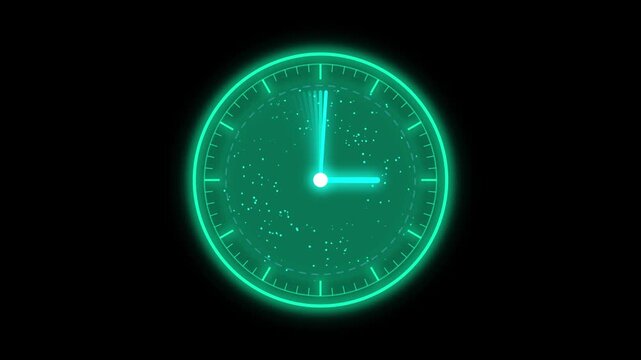 Futuristic neon green glowing clock interface, digital timer ticking graphic animation, cyber HUD time background element
