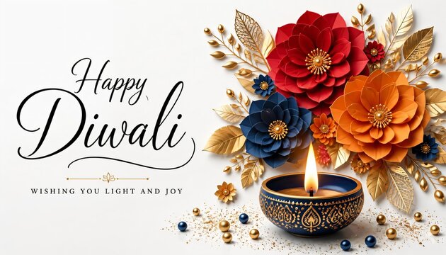 Happy Diwali Banner with Elegant Papercraft Flowers and Ornate Blue Diya