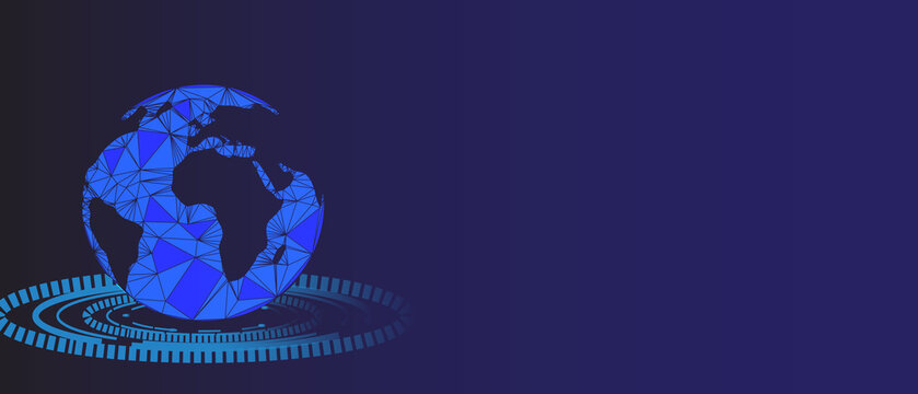 Abstract Blue Technology Banner with Low Poly Globe on Digital HUD Interface Circle