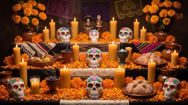 Vibrant Day of the Dead altar with decorative sugar skulls, orange marigolds, pan de muerto, and lit candles for cultural background