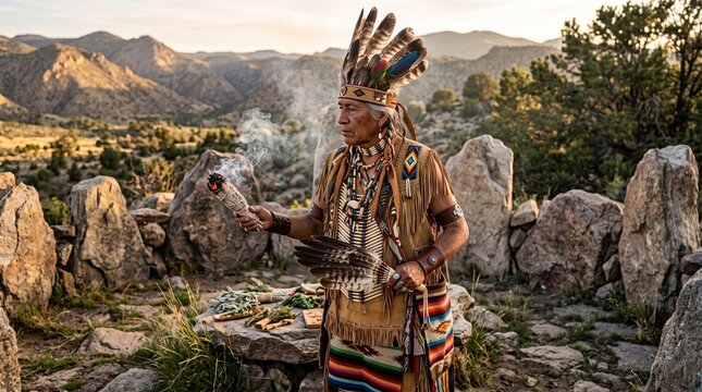Native American elder in feathered headdress performing a sacred smudging ritual with sage smoke for spiritual cleansing and prayer.
