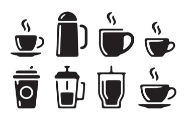 Fototapeta premium Black silhouette coffee cups and drink vessels set including varied teaware and portable containers.