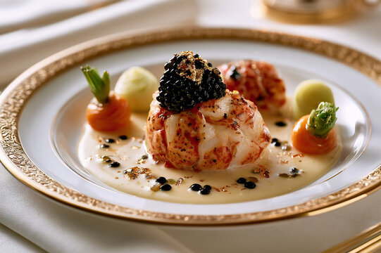 lobster medallions with classic beurre blanc and caviar on fine porcelain