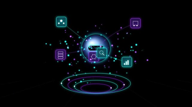 Cute floating ai chatbot avatar connecting multiple glowing digital service icons