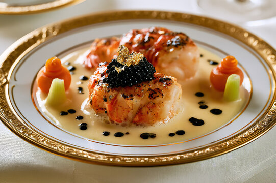 lobster medallions with classic beurre blanc and caviar on fine porcelain