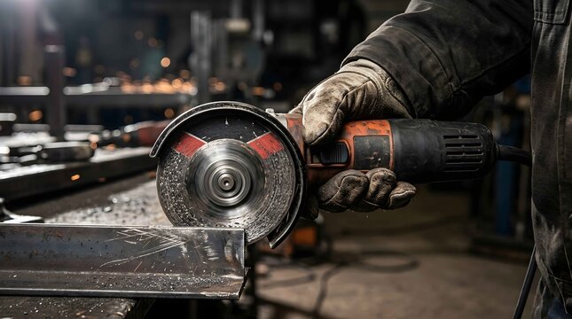 Worker using angle grinder to cut metal in a workshop