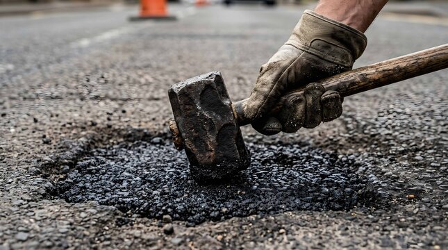 Worker using heavy sledgehammer to repair damaged asphalt road surface