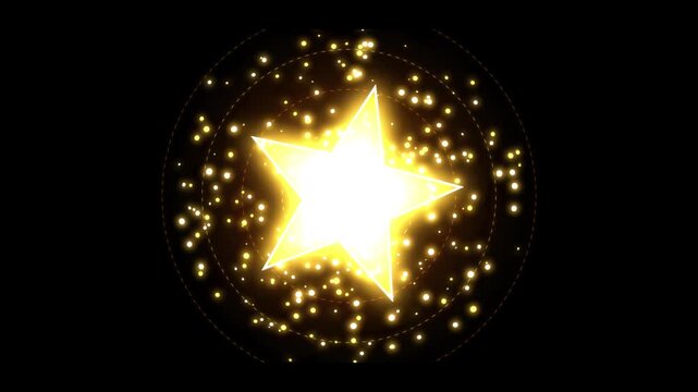 Golden glowing star animation with sparkling particles, bright star explosion light effect, glowing magic star element overlay for video background