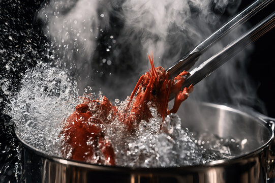 whole lobster being lowered into a pot of boiling water
