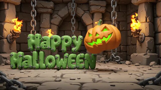 3D animated Halloween dungeon background featuring a glowing jack o lantern pumpkin and green Frankenstein typography text in a medieval castle motion graphics loop video clip.
