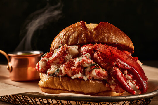 brioche lobster roll packed with giant claw meat and drawn butter