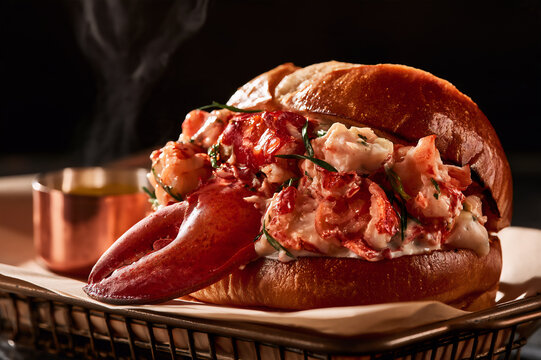 brioche lobster roll packed with giant claw meat and drawn butter