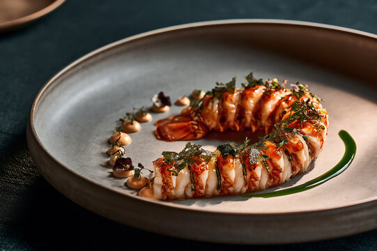 modern deconstructed lobster thermidor on a custom matte-grey ceramic plate