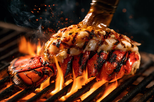 lobster tail searing over hot charcoal flames