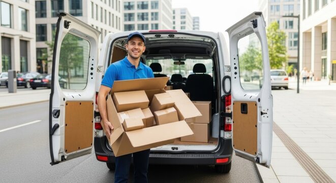 A man in a blue shirt and cap is loading a white van with cardboard boxes.