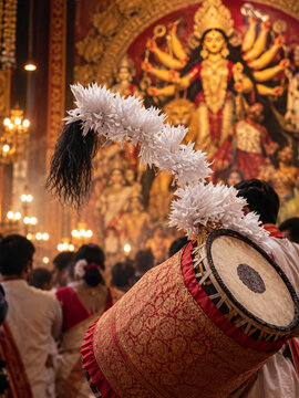 Dhak Drum with White Flowers at Bengali Durga Puja Celebration, indian culture, traditional drum, traditional music, festival music, percussion instrument, drummer, durga puja celebration, puja pandal