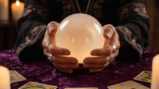 Fortune Teller's Hands Holding Glowing Crystal Ball with Tarot Cards and Candles