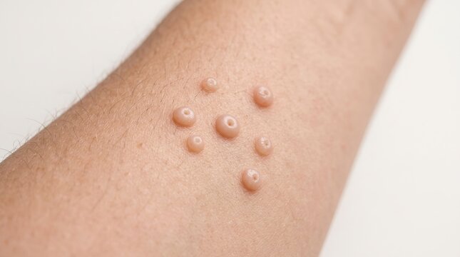 Molluscum contagiosum papules on human skin close up