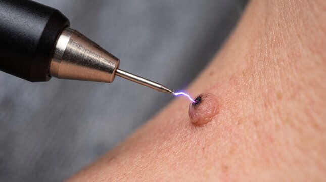 Plasma pen electrocoagulation mole removal procedure on neck skin