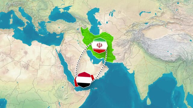 Map animation showing the connection path between Iran and Yemen countries