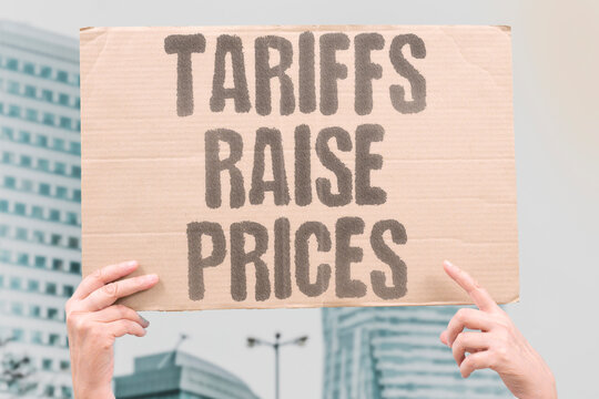 "Tariffs raise prices" Import taxes make goods cost more. TARIFFS. PRICES. IMPORTS. TAXES. COSTS.