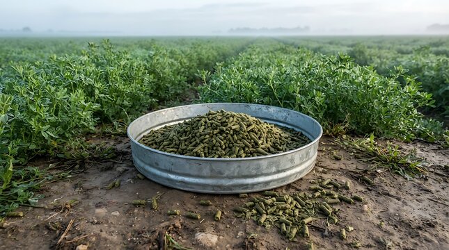 A round metal pan filled with green alfalfa pellet feed sitting in the middle of a large field of growing forage