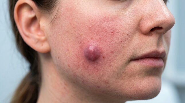 Large Inflamed Cystic Acne Nodule on Cheek of Woman Facing Severe Breakout