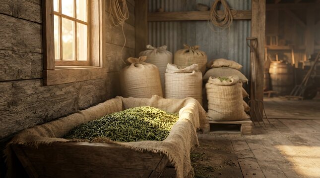 A wooden manger filled with alfalfa pellet feed inside a rustic wooden barn with burlap sacks of grain storage