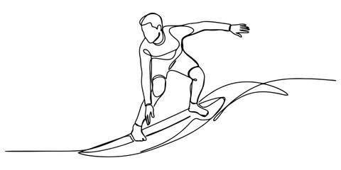 Fototapeta premium Surfer riding ocean wave continuous line drawing for extreme water sports branding and summer active lifestyle design elements.
