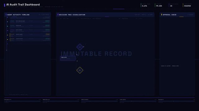 The AI Audit Trail Dashboard showcases a sleek, high-tech interface blending real-time data visualization with a historical ledger aesthetic in deep blue-black tones.
