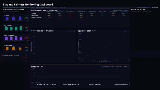 Comprehensive Bias and Fairness Monitoring Dashboard Featuring Demographic Breakdown and Outcome Rate Comparison in a Clinical Equity Layout for commercial creative technology and business use.