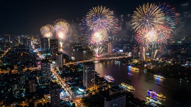 Spectacular Fireworks Lighting Up the Night Sky Over Cityscape