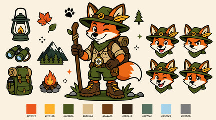 Obraz premium Cute Fox Character in Adventure Outfit with Camping Gear.