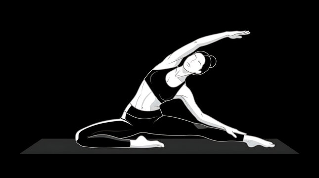 Woman performing yoga side stretch on black background.