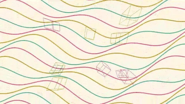 Abstract hand-drawn animation featuring floating colorful wireframe cubes over a wavy lined background.