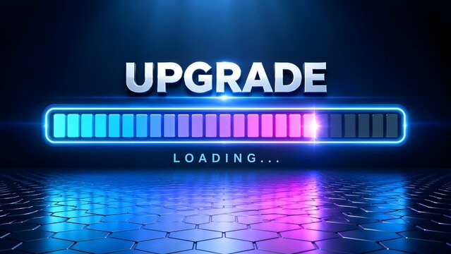 Futuristic 3D upgrade concept with glowing neon loading progress bar representing software update and system improvement