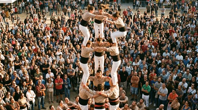 Large crowd gathered in a public square watching castellers build a traditional Catalan human tower during a cultural festival, showcasing teamwork and incredible acrobatic balance
