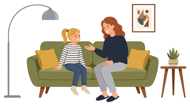 Friendly mother talks with smiling daughter sitting on sofa in cozy modern living room.