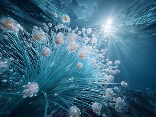 Fototapeta premium Bioluminescent underwater flowers or jellyfish organisms swaying under ocean sunlight rays.