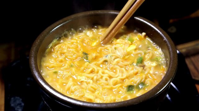 Cooking Ramen Noodles in a Pot on a Stovetop, Adding Ingredients and Stirring Hot Broth in a Cozy Kitchen
