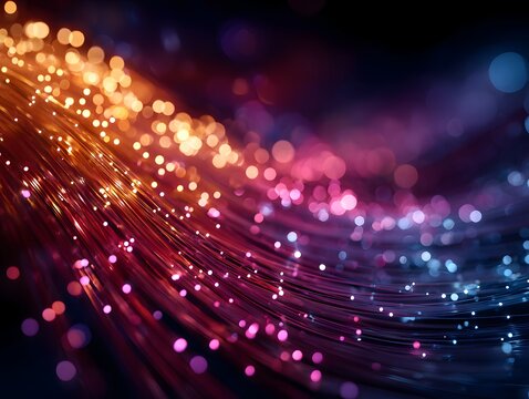 Glowing fiber optic cables transmitting high speed digital data with bokeh light effects for global networking concept.
