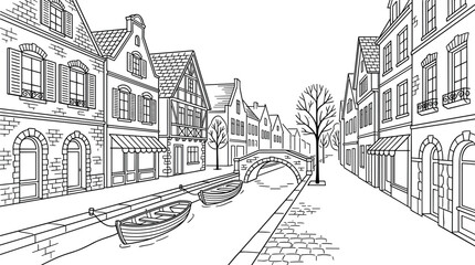 Obraz premium Venice Canal Cityscape Line Art Vector Illustration with Old European Houses Arch Bridge and Boats for Kids Coloring Page Book Designs