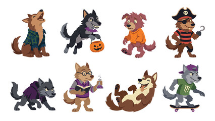 Obraz premium Werewolf Character Design Grid - Clean Cartoon Flat Vector Illustration Set for Halloween