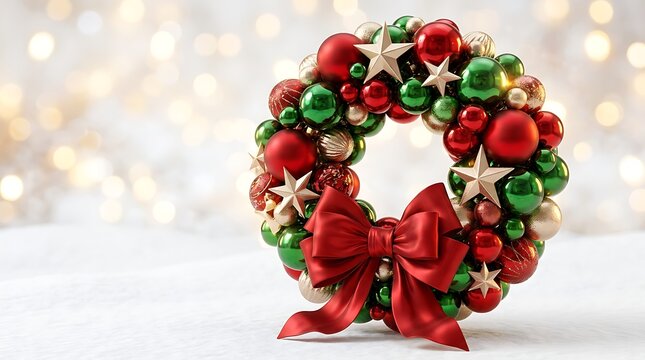Festive christmas wreath decorated with red and green baubles and golden stars on a white snowy background